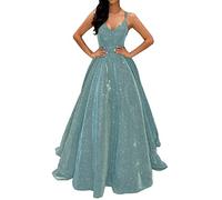 Prom Dresses for Teenagers Ball Gown Solid Colour Evening Dress Swing Spaghetti Strap Dress Glitter Banquet Long Dresses for Women UK V Neck Sexy Formal Gowns Elegant Maxi Cocktail Dresses Green