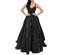 Prom Dresses for Teenagers Ball Gown Solid Colour Evening Dress Swing Spaghetti Strap Dress Glitter Banquet Long Dresses for Women UK V Neck Sexy Formal Gowns Elegant Maxi Cocktail Dresses Black