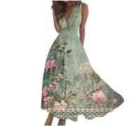 Prom Dresses for Women UK Casual Summer Long Dresses High Waist Printed Evening Dress V Neck Sleeveless Calf Length Dresses Vintage Flowy Beach Dress Boho Vacation Holiday Dress Casual Outfits