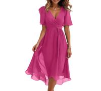 Prom Dresses for Women UK, Women's Floral Print Chiffon A-Line Midi Dress Short Sleeve V Neck Tie Waist Casual Flowy Evening Dresses for Special Occasions, Hot Pink,S,u775k