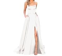 Prom Dresses Ladies Long Women Elegant Backless Long DressesCrisn Satin Spaghetti Party Prom Dress Side Slit Wedding Evening Party Dress with Pockets Long Sleeve Cocktail White