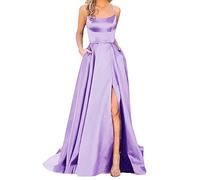Prom Dresses Ladies Long Women Elegant Backless Long DressesCrisn Satin Spaghetti Party Prom Dress Side Slit Wedding Evening Party Dress with Pockets Star Girl Fancy High Low Dress Purple