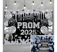 Prom Night Backdrop 2025 Black and Silver Graduation Photography Background Class of 2025 Graduation Prom Banner for Congrats Grad Prom Send Off Party Decorations Supplies (Black, 94X70 inch (8x6FT))