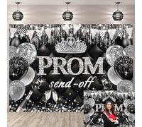 Prom Send Off Backdrop Black Silver Prom 2026 Congrats Grad Photography Background Graduation Party Decorations Banner Photo Booth Props (silver, 7X5FT (210x150cm))