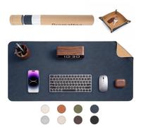 PROMATTOO Faux Leather Desk Mat with Valet Tray, Non-Slip Waterproof Desk Pad, Cork-Effect Printed Backing, Desk Protector with Gift Tube for Office & Home(Navy Blue)