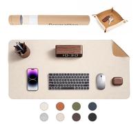 PROMATTOO Faux Leather Desk Mat with Valet Tray, Non-Slip Waterproof Desk Pad, Cork-Effect Printed Backing, Desk Protector with Gift Tube for Office & Home(Ivory White)