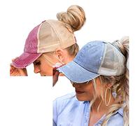 ProMindFun - Ladies Baseball Cap with High Ponytail Slit Distressed Distressed Washed Fabric Dad Hat Girls Trucker Cap, 01-2 Packs (Grey+Wine), M