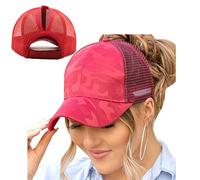 ProMindFun Women Ponytail Baseball Cap Messy High Bun Trucker Camouflage Adjustable Dad Hat (06-Wine)
