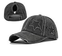 ProMindFun Womens Pony Hat High Ponytail Baseball Cap Girls Messy Bun Caps Camouflage Trucker Bad Hair Day Adjustable Dad Hat, 0001-star Solid Fabric Black, 7