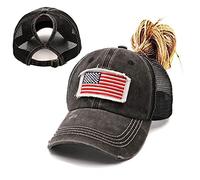 ProMindFun Womens Pony Hat High Ponytail Baseball Cap Girls Messy Bun Caps Camouflage Trucker Bad Hair Day Adjustable Dad Hat, 0002-usa Flag Mesh Black, 7