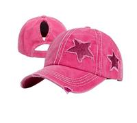 ProMindFun Womens Pony Hat High Ponytail Baseball Cap Girls Messy Bun Caps Camouflage Trucker Bad Hair Day Adjustable Dad Hat, 0001-star Solid Fabric Hot Pink, 7