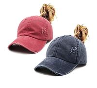 ProMindFun Womens Pony Hat High Ponytail Baseball Cap Girls Messy Bun Caps Camouflage Trucker Bad Hair Day Adjustable Dad Hat, 01-2hats(distressed Wine+navy), 7