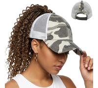 ProMindFun Womens Pony Hat High Ponytail Baseball Cap Girls Messy Bun Caps Camouflage Trucker Bad Hair Day Adjustable Dad Hat, 0002-camo Fabric Grey, 7