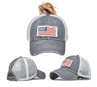 ProMindFun Womens Pony Hat High Ponytail Baseball Cap Girls Messy Bun Caps Camouflage Trucker Bad Hair Day Adjustable Dad Hat, 0002-usa Flag Mesh Grey, 7