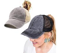 ProMindFun Womens Pony Hat High Ponytail Baseball Cap Girls Messy Bun Caps Camouflage Trucker Bad Hair Day Adjustable Dad Hat, 001-2packs(Black+Gray), 7