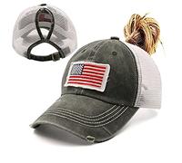 ProMindFun Womens Pony Hat High Ponytail Baseball Cap Girls Messy Bun Caps Camouflage Trucker Bad Hair Day Adjustable Dad Hat, 0002-usa Flag Mesh Green, 7