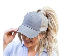 ProMindFun Womens Pony Hat High Ponytail Baseball Cap Girls Messy Bun Caps Camouflage Trucker Bad Hair Day Adjustable Dad Hat, 02-light Gray, 7