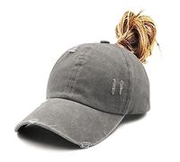 ProMindFun Womens Pony Hat High Ponytail Baseball Cap Girls Messy Bun Caps Camouflage Trucker Bad Hair Day Adjustable Dad Hat, 01-Solid Fabric Grey, 7