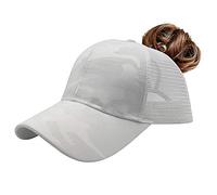ProMindFun Womens Pony Hat High Ponytail Baseball Cap Girls Messy Bun Caps Camouflage Trucker Bad Hair Day Adjustable Dad Hat, 02-white, 7-8