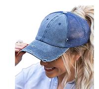 ProMindFun Womens Pony Hat High Ponytail Baseball Cap Girls Messy Bun Caps Camouflage Trucker Bad Hair Day Adjustable Dad Hat, 06-Navy Blue, 7