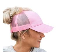 ProMindFun Womens Ponytail High Messy Bun Hats Distressed Baseball Caps Unconstructed Washed Dad Hat Girls Trucker Ponycaps, 16-Pink Mesh, 7