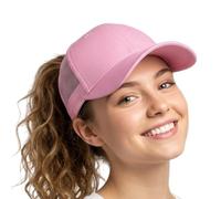 ProMindFun Womens Ponytail High Messy Bun Hats Distressed Baseball Caps Unconstructed Washed Dad Hat Girls Trucker Ponycaps, 16-Pink Mesh, 7