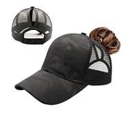 ProMindFun Womens Ponytail High Messy Bun Hats Distressed Baseball Caps Unconstructed Washed Dad Hat Girls Trucker Ponycaps, 0002-camo Fabric Black, 7