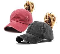 ProMindFun Womens Ponytail High Messy Bun Hats Distressed Baseball Caps Unconstructed Washed Dad Hat Girls Trucker Ponycaps, 01-2hats(Distressed Black+Wine), 7