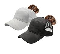 ProMindFun Womens Ponytail High Messy Bun Hats Distressed Baseball Caps Unconstructed Washed Dad Hat Girls Trucker Ponycaps, 0002-2hats(camo Fabric Black+White), 7