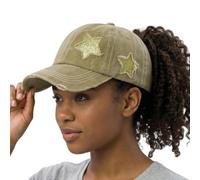 ProMindFun Womens Ponytail High Messy Bun Hats Distressed Baseball Caps Unconstructed Washed Dad Hat Girls Trucker Ponycaps, 0001-star Solid Fabric Khaki, 7