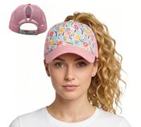 ProMindFun Womens Ponytail High Messy Bun Hats Distressed Baseball Caps Unconstructed Washed Dad Hat Girls Trucker Ponycaps, 0002-pink Flowers, 7