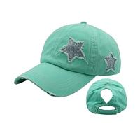 ProMindFun Womens Ponytail High Messy Bun Hats Distressed Baseball Caps Unconstructed Washed Dad Hat Girls Trucker Ponycaps, 0001-star Solid Fabric Turquoise, 7
