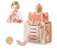 Promise Babe Montessori Toy Baby Wooden 5 in 1 Pink Lock Learning Skill Motor Sensory Motor Skills Activity Cube Gift for Baby Girl 3+