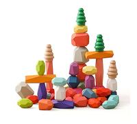 Promise Babe Montessori Wooden Rainbow Stacking Stones 48 Pieces, Age 3-6, Building Blocks, Educational Toy