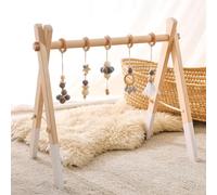Promise Babe Wooden Baby Play Gym Arch with 5 Detachable Sensory Toys, Gray Cotton Pendant Design, Newborn Baby Essentials
