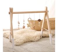 Promise Babe Wooden Baby Play Gym Play Arch Baby 5 Detachable Sensory Baby Toys Beige Stars Pendant Design Newborn Baby Essentials Wooden Activity Baby Gym