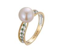 Promise Ring Band for Women, 18K Yellow Gold & White Gold Promise Ring for Ladies with 8mm Round Shape Pearl and Tsavorite 0.08ct, Size M 1/2