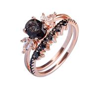 Promise Ring Black Rutilated Quartz Engagement Ring Set Oval Shaped Rose Gold Black Zirconia Curved Wedding Anniversary (, 7)