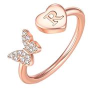 Promise Ring Initial Letter Alphabet Rings A Z Silver And Gold Crystal Adjustable Finger Ring For Women Girl Jewelry (R, One Size)