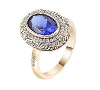 Promise Ring to Myself, Women Wedding Bands Vintage Flower Pattern with Oval Blue Sapphire 3Ct 9K Yellow Gold Size I 1/2