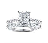 Promise Rings for Her White Gold 14K, Eternity Band 2 Thin Bands Set with 7X9mm Oval Moissanite Au585 Silver Ring Size M 1/2