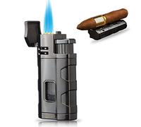 PROMISE Windproof Triple Jet Flame Butane Refillable Gas Lighter with Cigar Punch Gift Idea Father Gift (Gunmetal D)