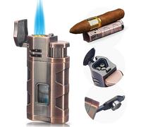 PROMISE Windproof Triple Jet Flame Butane Refillable Gas Lighter with Cigar Punch Gift Idea (Red Copper D)