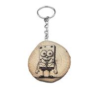 Promotech S-Bob Squarepants Cartoon Figure Handmade Laser Engraved Unique Wooden Keyring, natural wood, W5L5