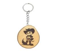 Promotech Wooden Keyring - Laser Engraved Puss in Boots - Handmade Fairy Tale Keyring Unique Wooden Accessory