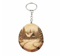 Promotech Wooden Keyring Log Cabin in Snow - Winter Landscape Nature Motif - Laser Engraved - Huts Motif - Gift for Nature Lovers