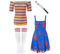 PROMOTED TO BIG SISTER 4 Pcs Women Halloween Nightmare Killer Doll Costume Scary Guy Cosplay Movie Character Outfit (Large)