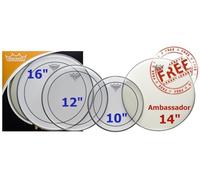 Remo Pinstripe Tom Pack - 10 12 16" Heads + Free 14 Ambassador