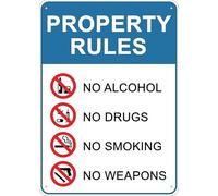Property Rules No Alcohol Drugs Smoking Weapons Sign 8X12 Inch Rust Free Aluminum Easy To Read & Sturdy Keep Out Outdoor Metal Signs For Home Farm Yard
