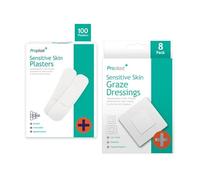 Proplast Sensitive Skin Plasters and Graze Dressings Set, Hypoallergenic, 108 Count Pack, Stretchable, Non-Stick, Flexible, for Small Wounds and Cuts